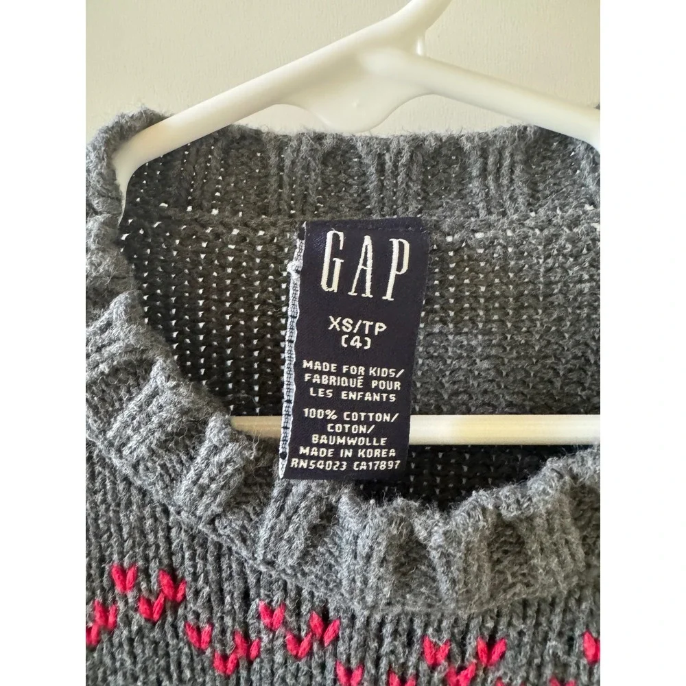 Gap Kids Fair Isle Sweater Gray Cotton Snowflake Knit Pullover Youth XS 4 Y2K